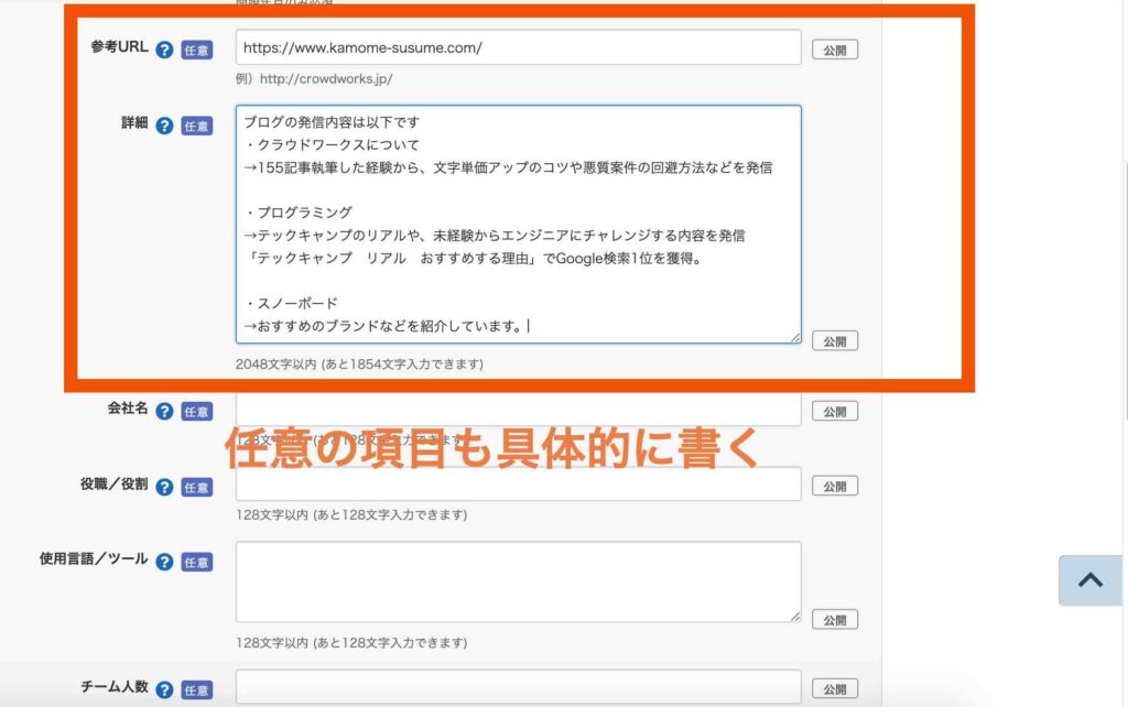 ポートフォリオの任意の項目も具体的に書く